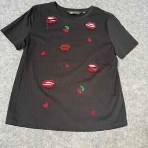 Kodice Italy Women’s Cotton Black Shirt Red Lips Cherry Beaded Size 44/US Med
￼